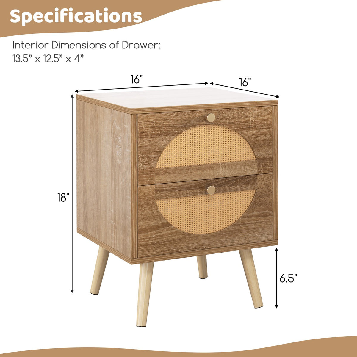 Rattan Nightstand Set, 2 Drawers, Natural, 2-Piece