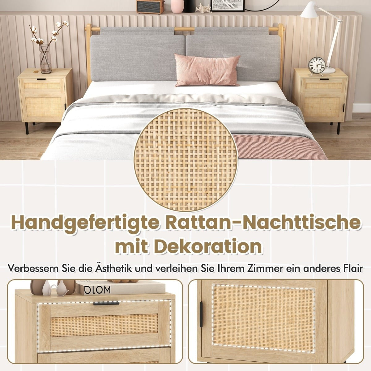 Rattan Nightstand Set of 2 with Drawer and Cabinet, 45x30x59 cm