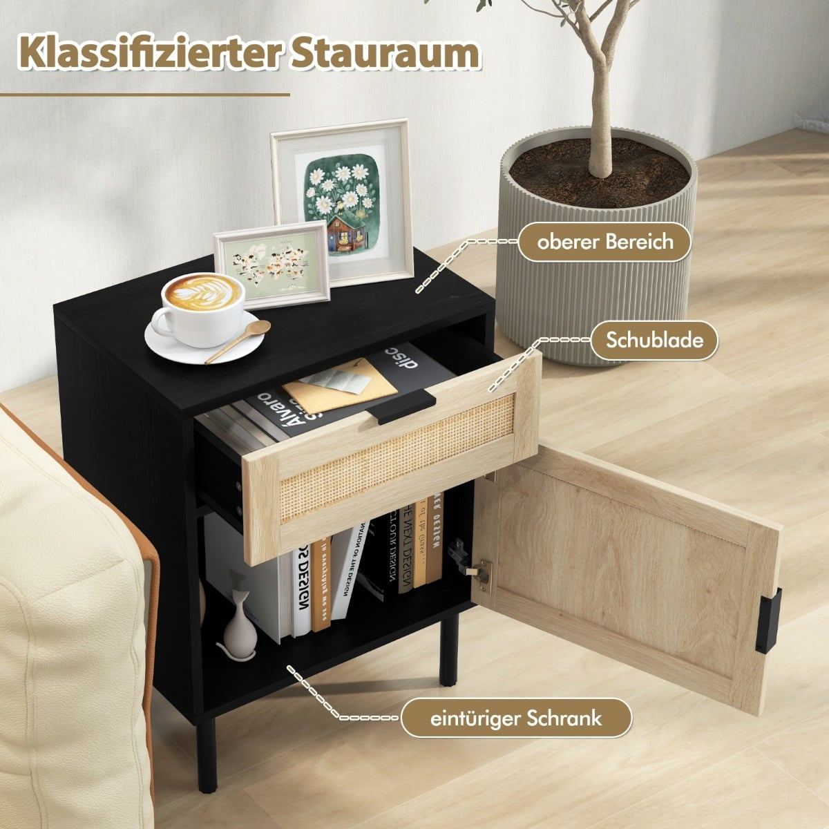 Rattan Nightstand Set of 2 with Drawer and Cabinet, Black