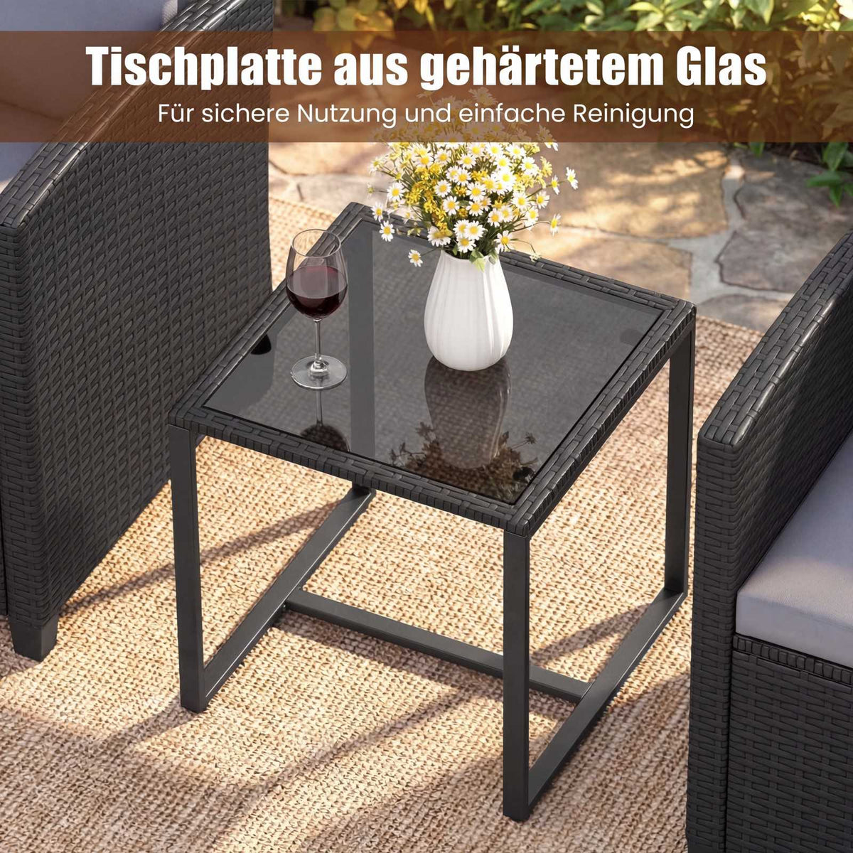 Rattan Outdoor Furniture Set with Cushions & Glass Table