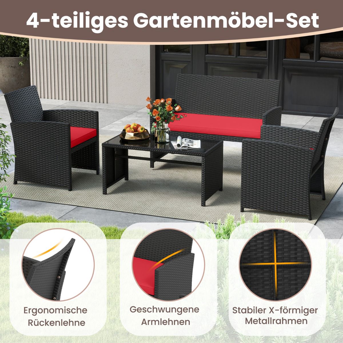 Rattan Outdoor Furniture Set with Cushions – Red