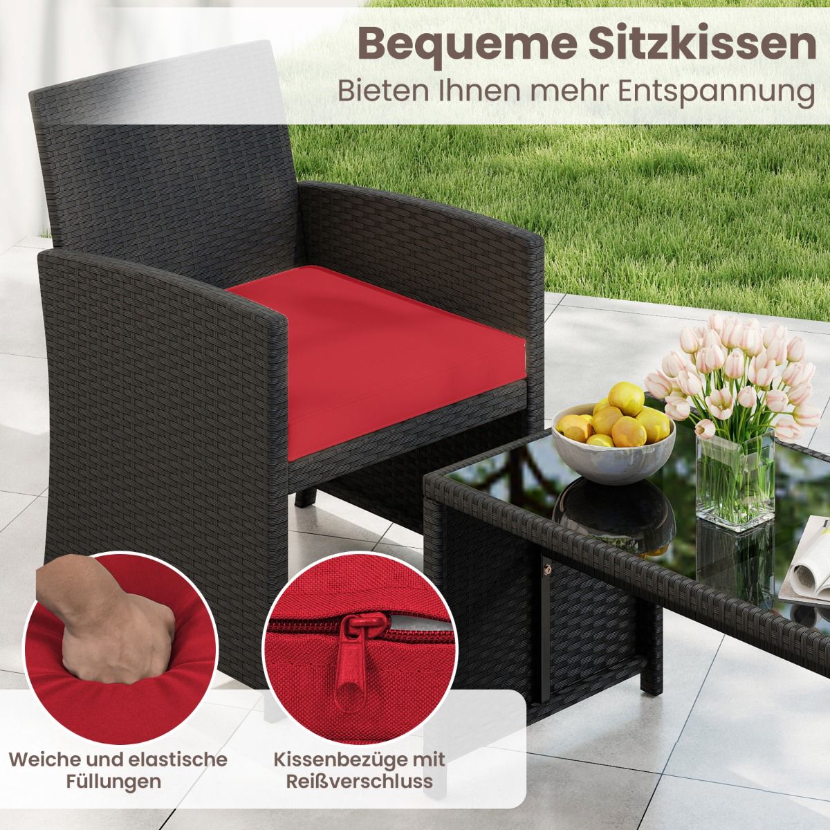 Rattan Outdoor Furniture Set with Cushions – Red