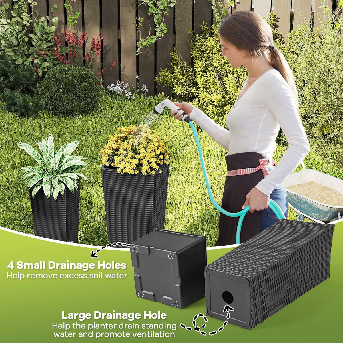 Rattan Planter Set of 2, 82/60 cm, Inner Pots, Black