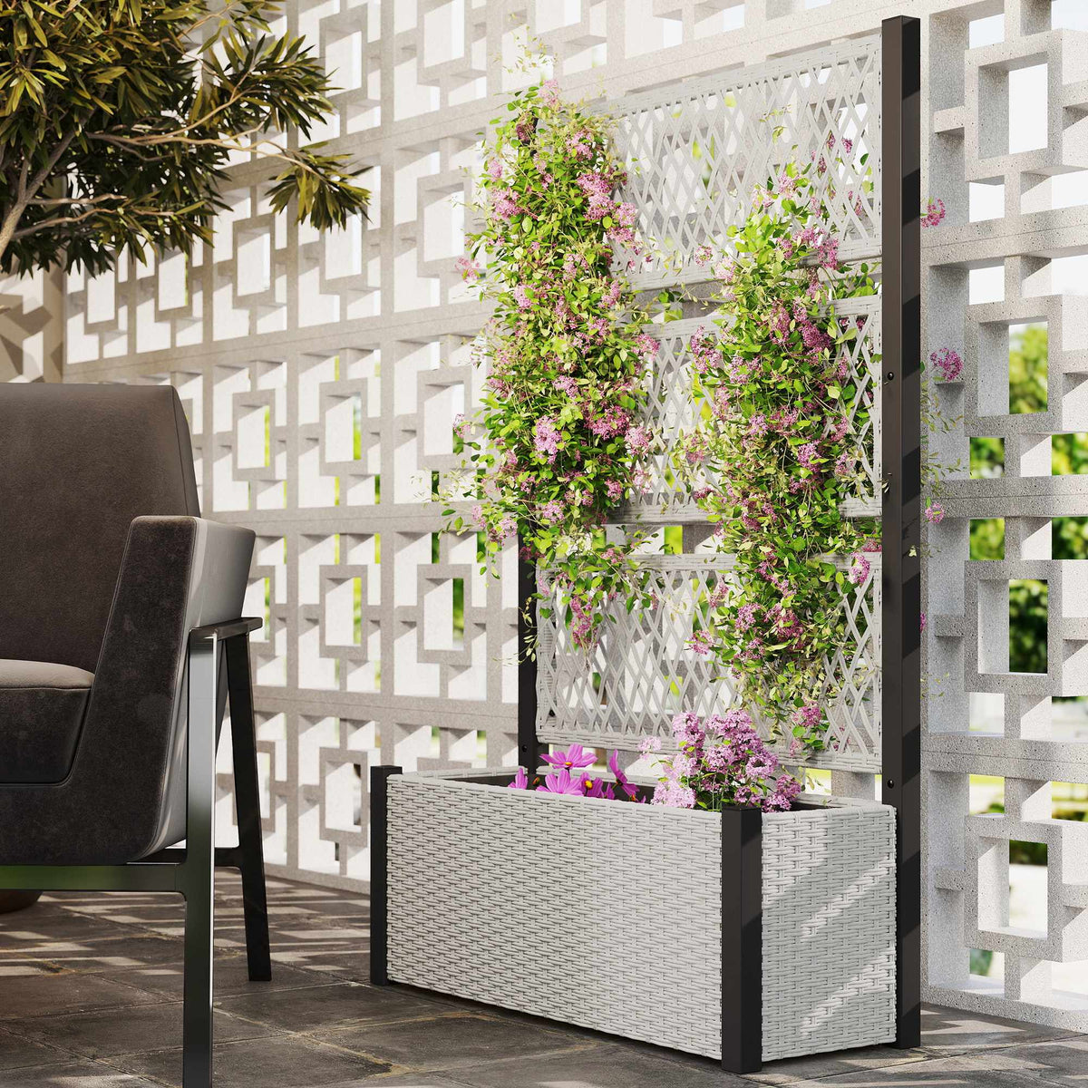 Rattan Raised Planter with Trellis, 90x35x148cm, Grey