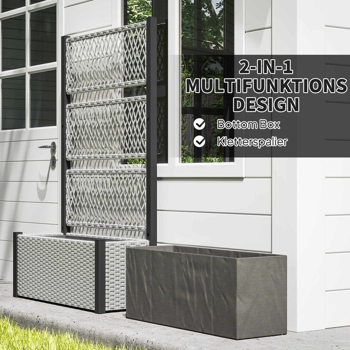 Rattan Raised Planter with Trellis, 90x35x148cm, Grey