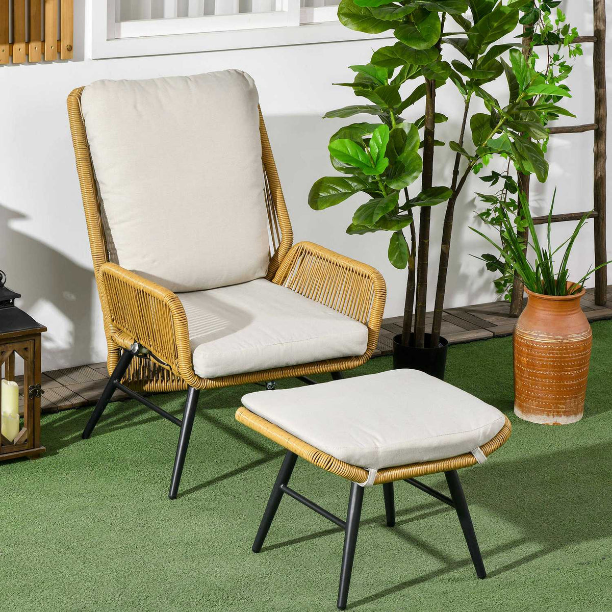 Rattan Relax Chair With Footstool Garden Chair With Adjustable Backrest Outdoor Rattan Chair Cushion Natural Steel Polyester