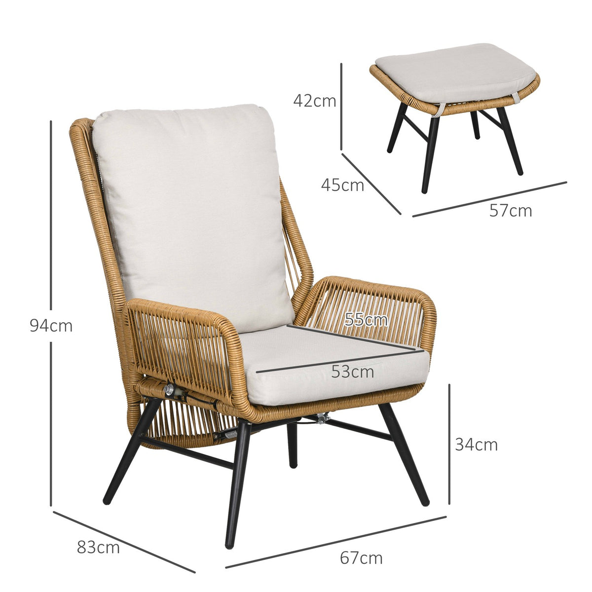 Rattan Relax Chair With Footstool Garden Chair With Adjustable Backrest Outdoor Rattan Chair Cushion Natural Steel Polyester