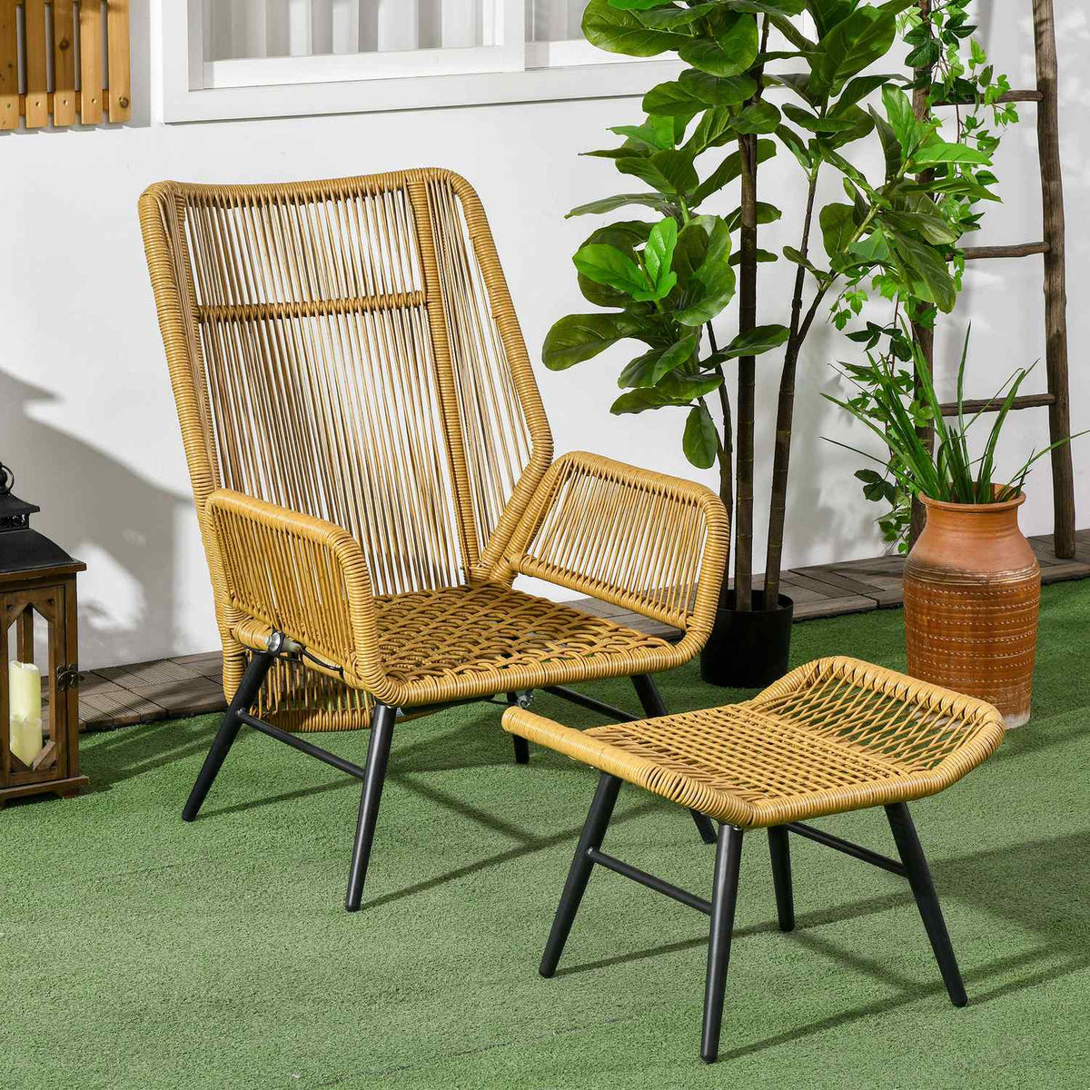 Rattan Relax Chair With Footstool Garden Chair With Adjustable Backrest Outdoor Rattan Chair Cushion Natural Steel Polyester