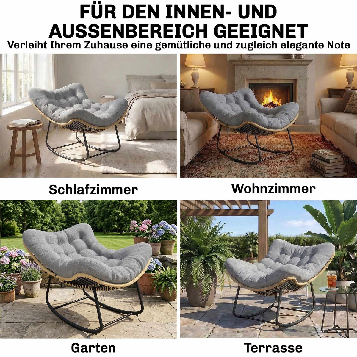 Rattan Rocking Chair with Cushion, Indoor/Outdoor, 120 kg Capacity