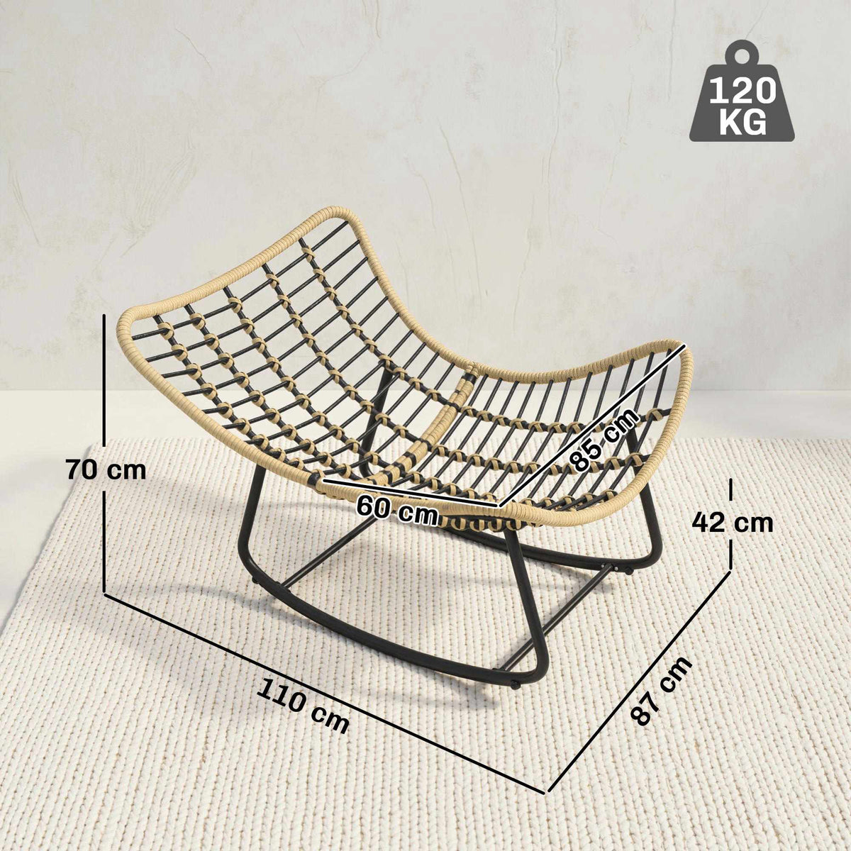 Rattan Rocking Chair with Cushion, Indoor/Outdoor, 120 kg Capacity