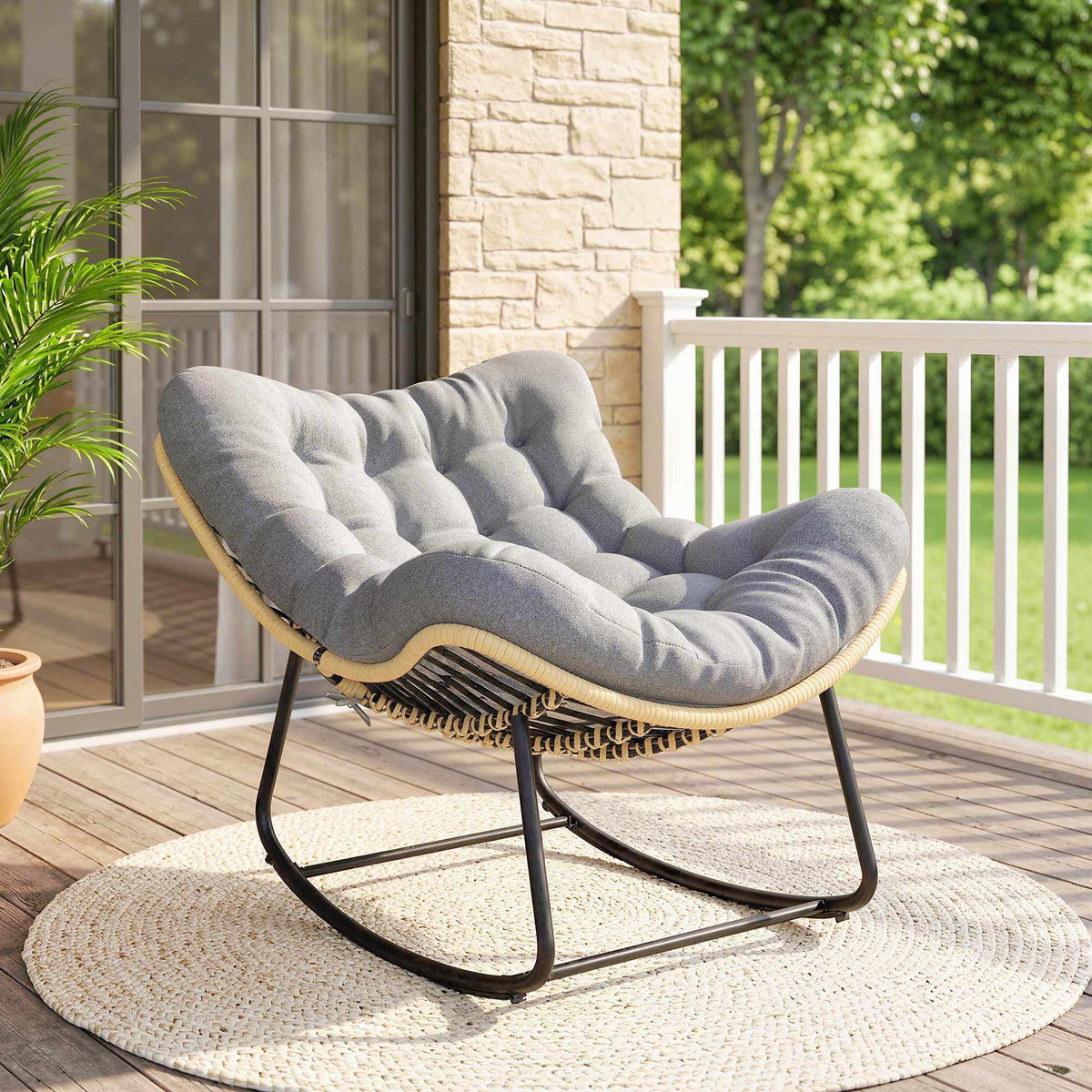 Rattan Rocking Chair with Cushion, Indoor/Outdoor, 120 kg Capacity