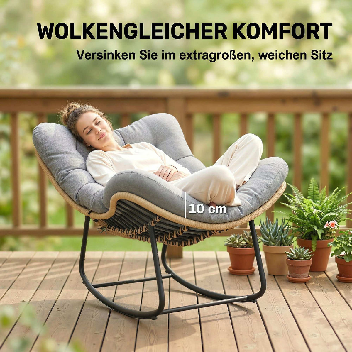 Rattan Rocking Chair with Cushion, Indoor/Outdoor, 120 kg Capacity