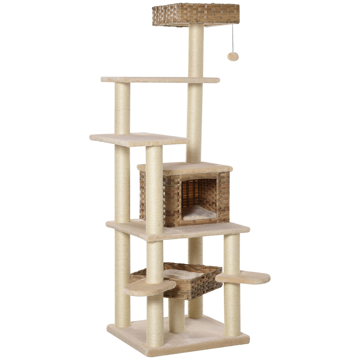 Rattan Scratching Post Climbing Tree Cat With Cat Cave Multi-Tier Cat Tree E1 Mdf Sisal Beige+Brown 55 X 55 X 174 Cm
