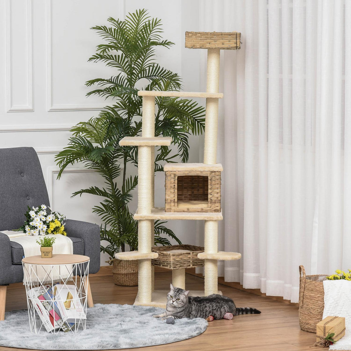 Rattan Scratching Post Climbing Tree Cat With Cat Cave Multi-Tier Cat Tree E1 Mdf Sisal Beige+Brown 55 X 55 X 174 Cm