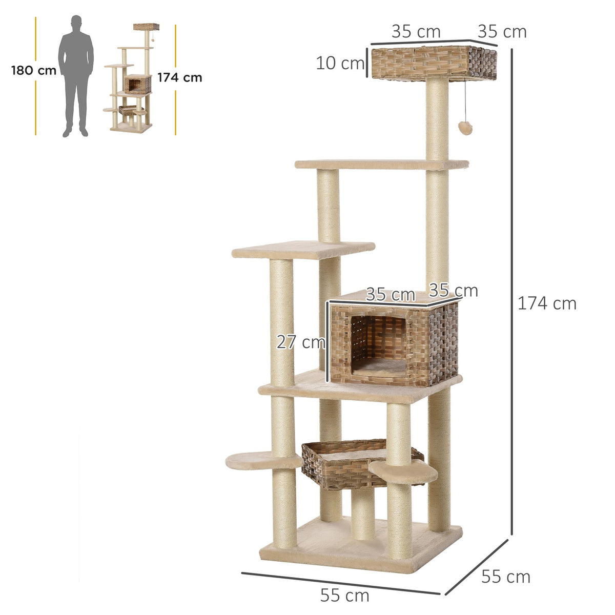 Rattan Scratching Post Climbing Tree Cat With Cat Cave Multi-Tier Cat Tree E1 Mdf Sisal Beige+Brown 55 X 55 X 174 Cm