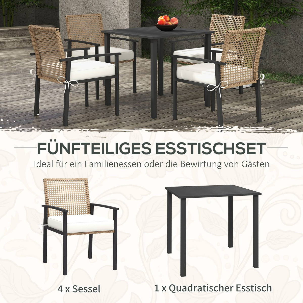 Rattan Seating Group, 5 Pieces. Garden Furniture Set, Balcony Set For 4 People, Balcony Furniture With 1 Table, 4 Chairs, Garden Furniture Including Cushions