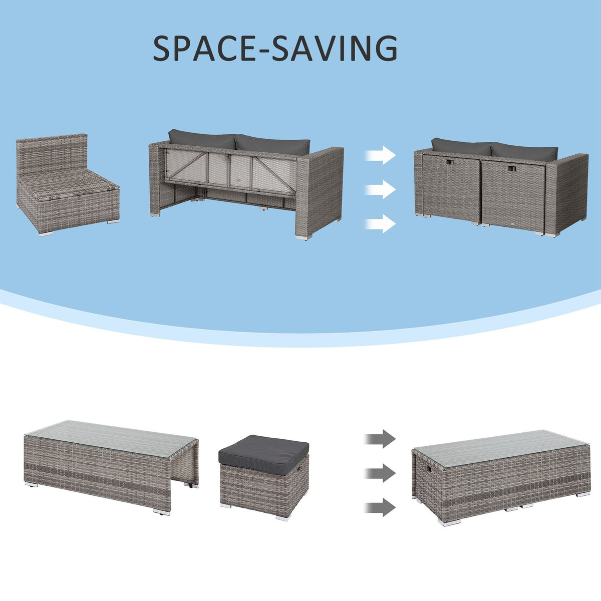 Rattan Seating Set 6-Piece Garden Furniture With Coffee Table, Metal Frame, Modern Design, Gray, 151X75X65Cm