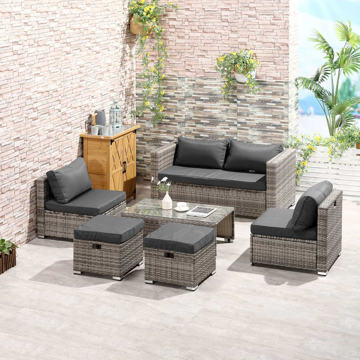 Rattan Seating Set 6-Piece Garden Furniture With Coffee Table, Metal Frame, Modern Design, Gray, 151X75X65Cm