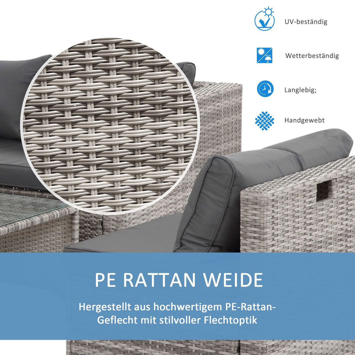 Rattan Seating Set 6-Piece Garden Furniture With Coffee Table, Metal Frame, Modern Design, Gray, 151X75X65Cm