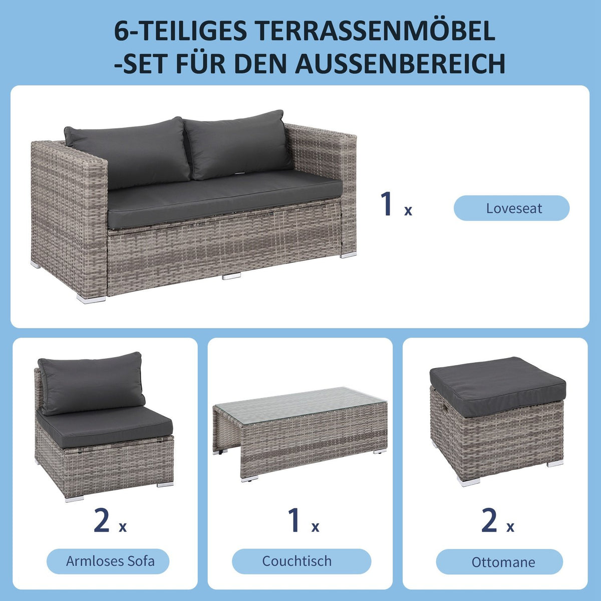 Rattan Seating Set 6-Piece Garden Furniture With Coffee Table, Metal Frame, Modern Design, Gray, 151X75X65Cm