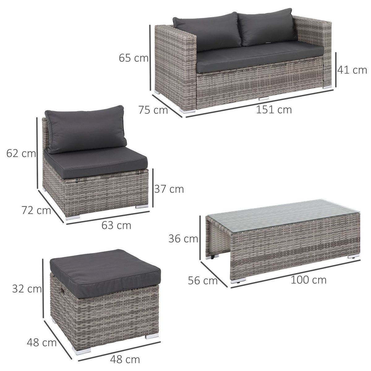 Rattan Seating Set 6-Piece Garden Furniture With Coffee Table, Metal Frame, Modern Design, Gray, 151X75X65Cm