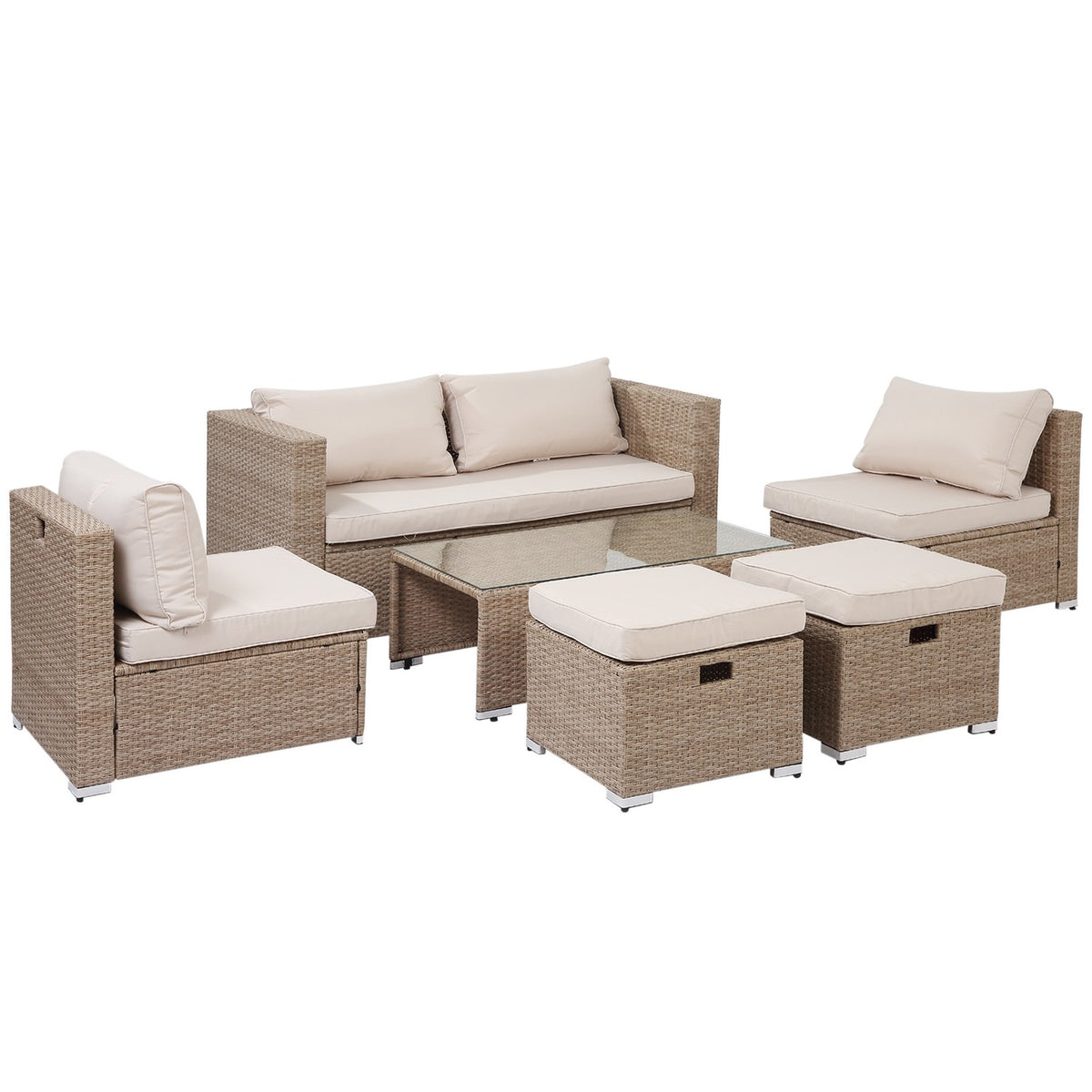 Rattan Seating Set 6-Piece Garden Furniture With Coffee Table, Metal Frame, Weatherproof, Khaki, 151X75X65Cm
