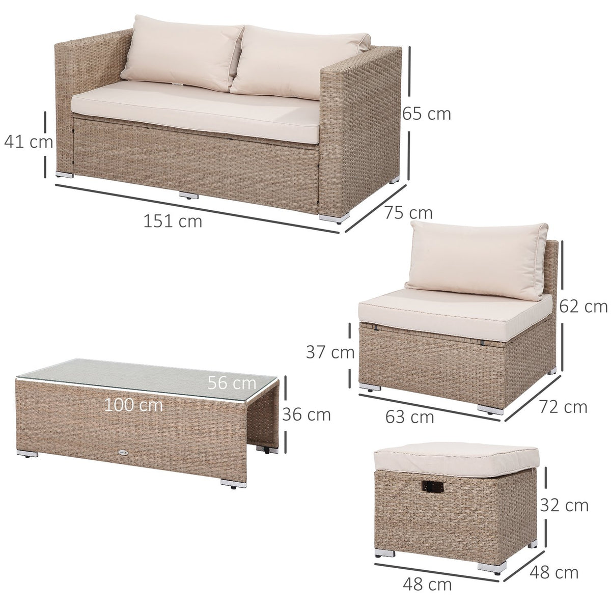 Rattan Seating Set 6-Piece Garden Furniture With Coffee Table, Metal Frame, Weatherproof, Khaki, 151X75X65Cm