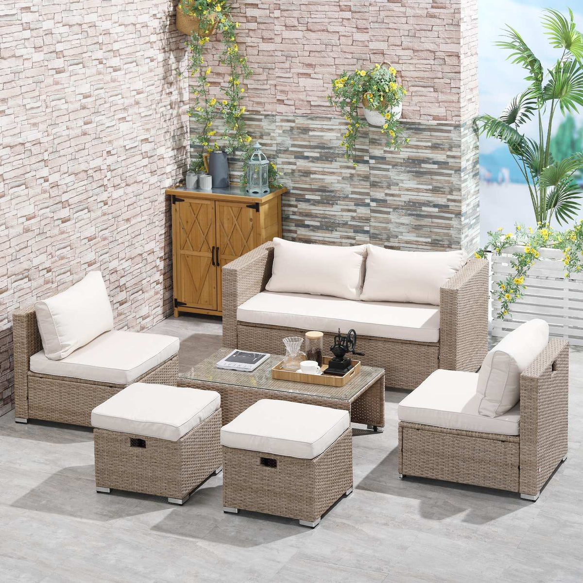 Rattan Seating Set 6-Piece Garden Furniture With Coffee Table, Metal Frame, Weatherproof, Khaki, 151X75X65Cm