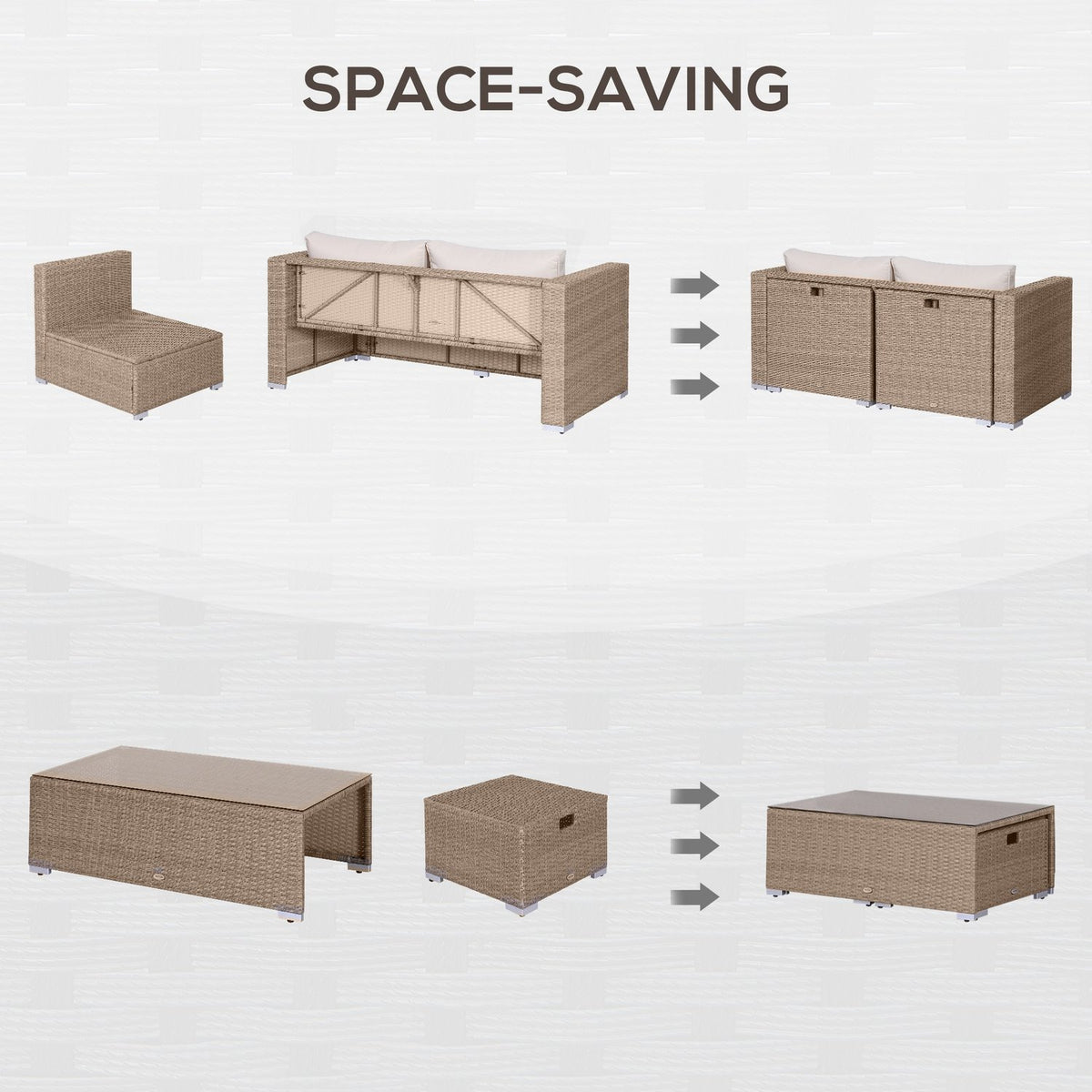 Rattan Seating Set 6-Piece Garden Furniture With Coffee Table, Metal Frame, Weatherproof, Khaki, 151X75X65Cm