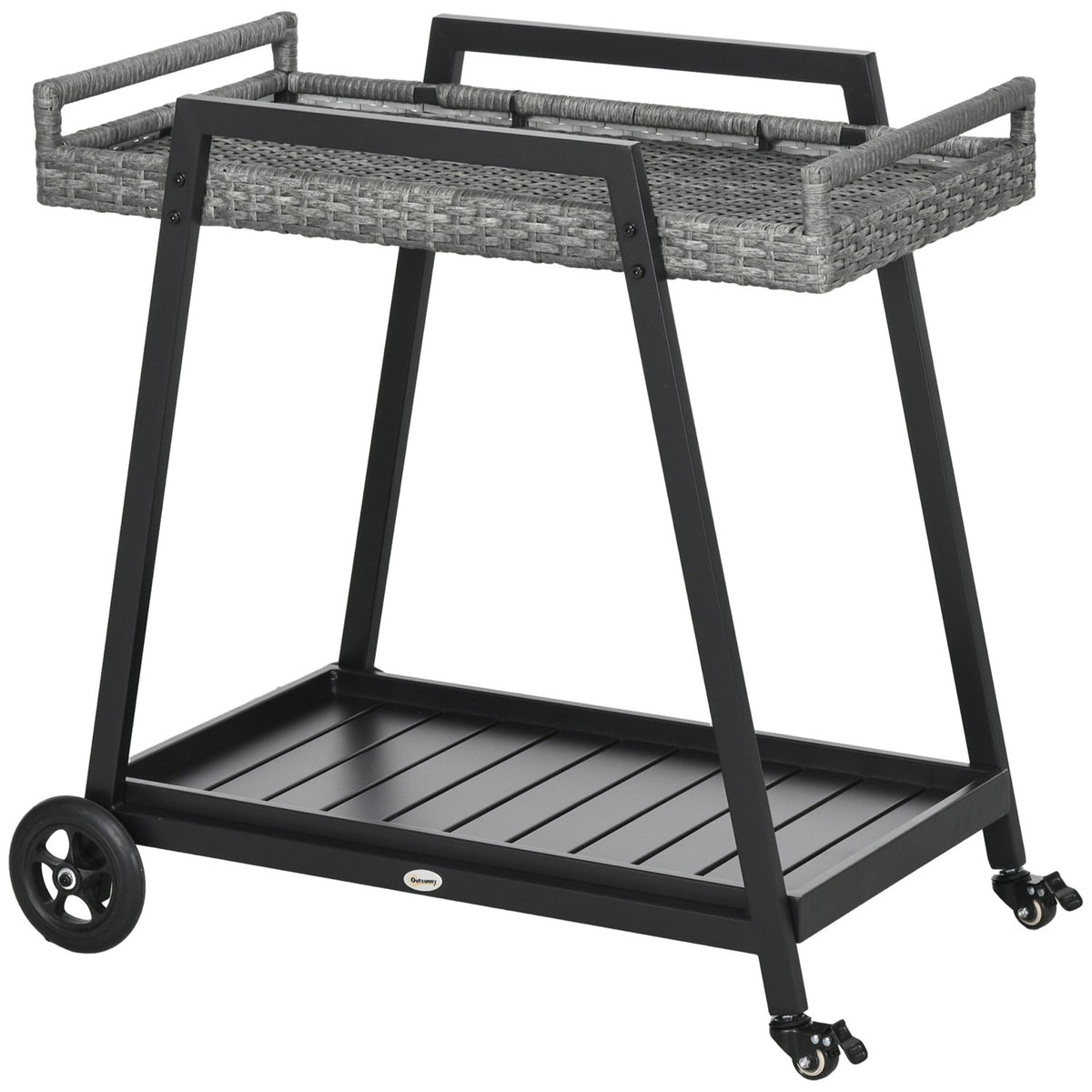 Rattan Serving Trolley With Shelf, Garden Trolley, Kitchen Trolley With Handles, Bremen, Outdoor Bar Trolley For Balcony, Steel, Grey