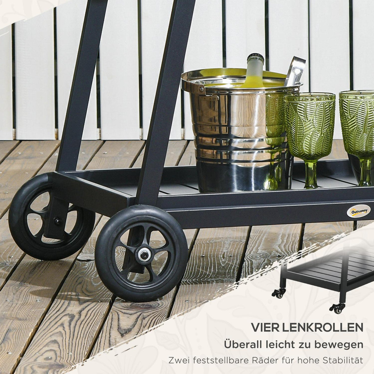 Rattan Serving Trolley With Shelf, Garden Trolley, Kitchen Trolley With Handles, Bremen, Outdoor Bar Trolley For Balcony, Steel, Grey
