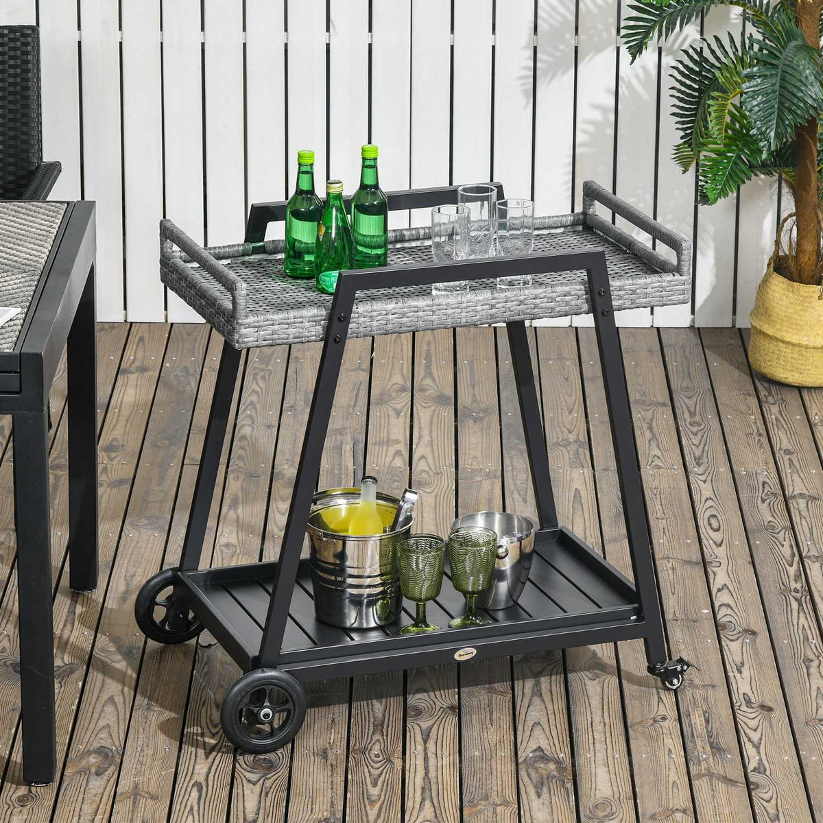 Rattan Serving Trolley With Shelf, Garden Trolley, Kitchen Trolley With Handles, Bremen, Outdoor Bar Trolley For Balcony, Steel, Grey
