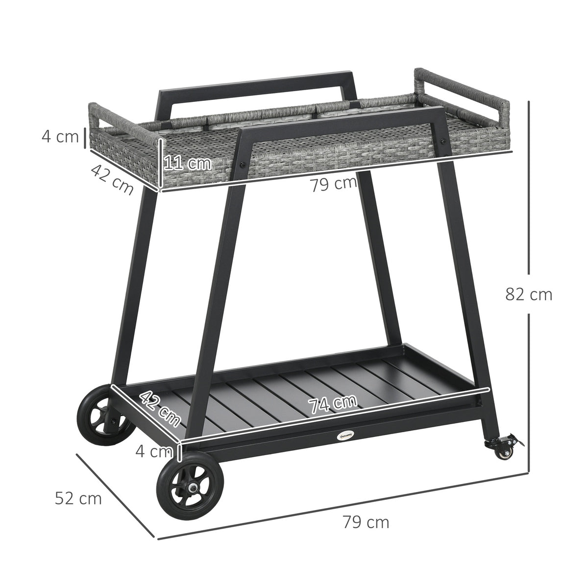 Rattan Serving Trolley With Shelf, Garden Trolley, Kitchen Trolley With Handles, Bremen, Outdoor Bar Trolley For Balcony, Steel, Grey