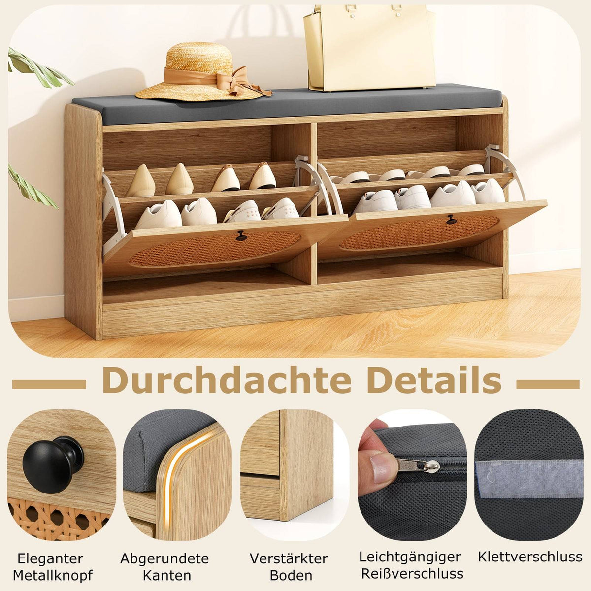 Rattan Shoe Bench with Adjustable Shelves & Cushion