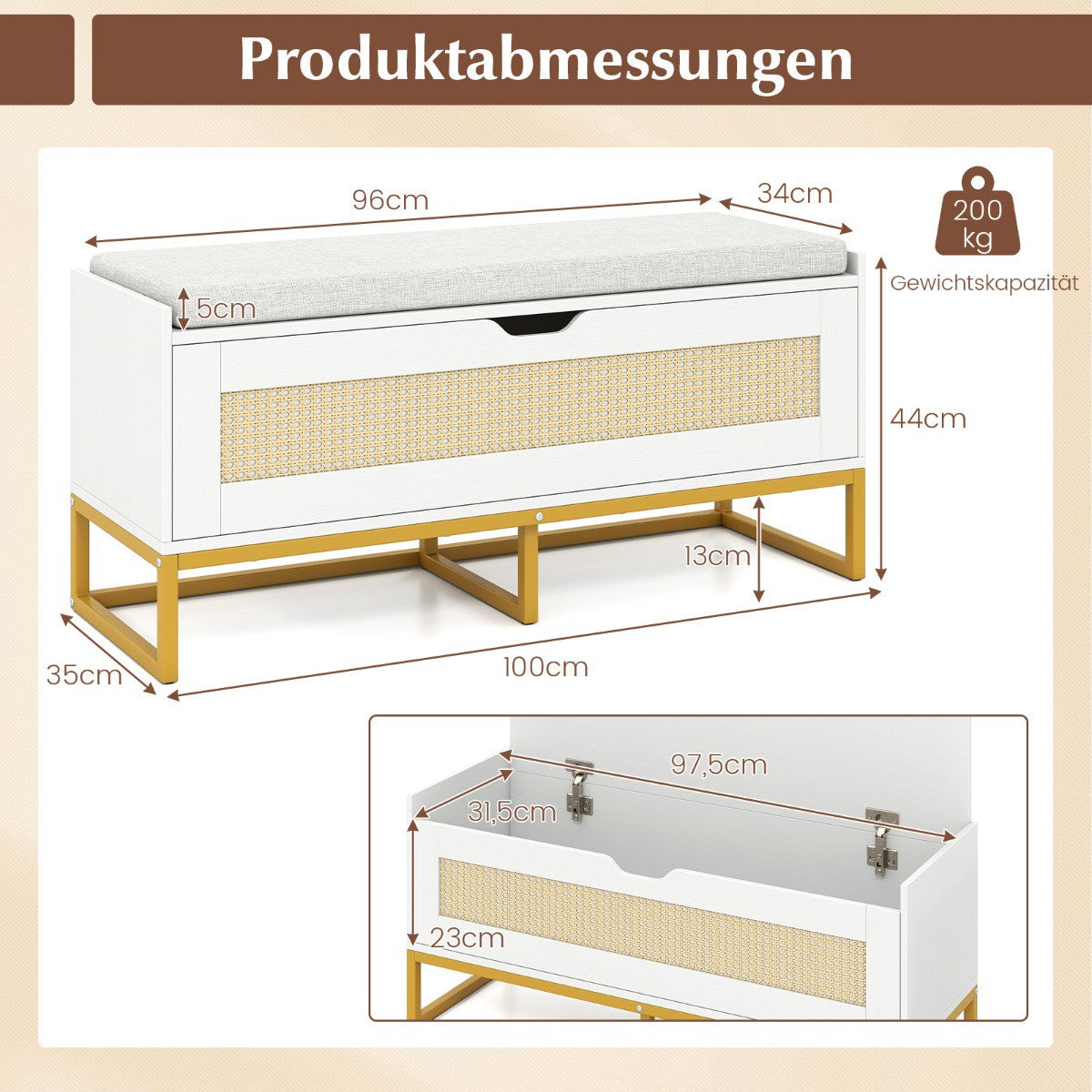 Rattan Shoe Bench with Padded Seat, 200kg Capacity, White