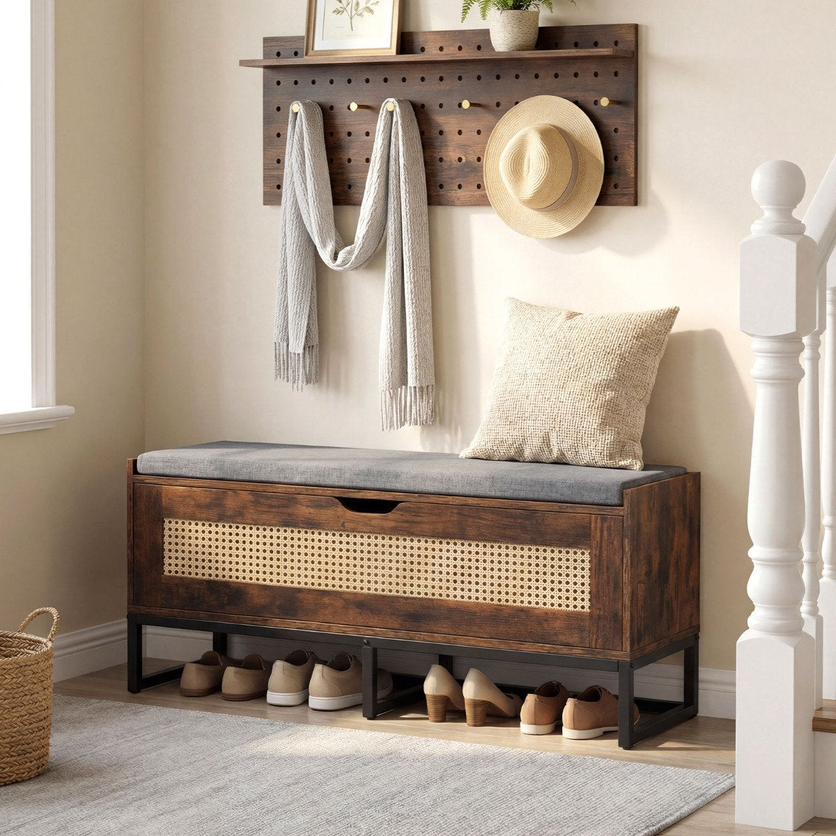Rattan Shoe Storage Bench With Upholstered Seat, 100 cm