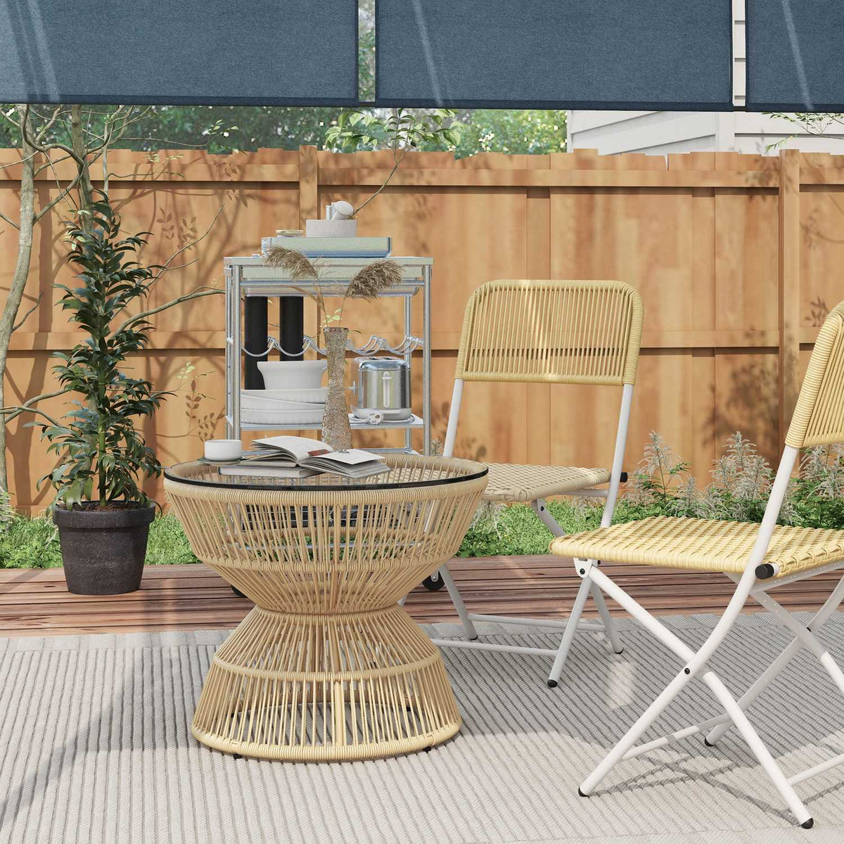 Rattan Side Table, Ø60 Cm, Coffee Table, Garden Table With Tempered Glass Table Top, Balcony Table In Boho Design, Coffee Table, Natural Wood