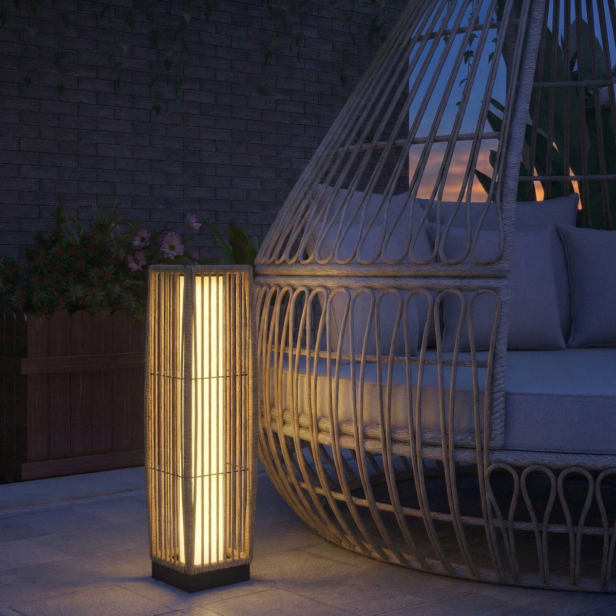 Rattan Solar Lamp, Outdoor, IP44, Auto On/Off, 68cm