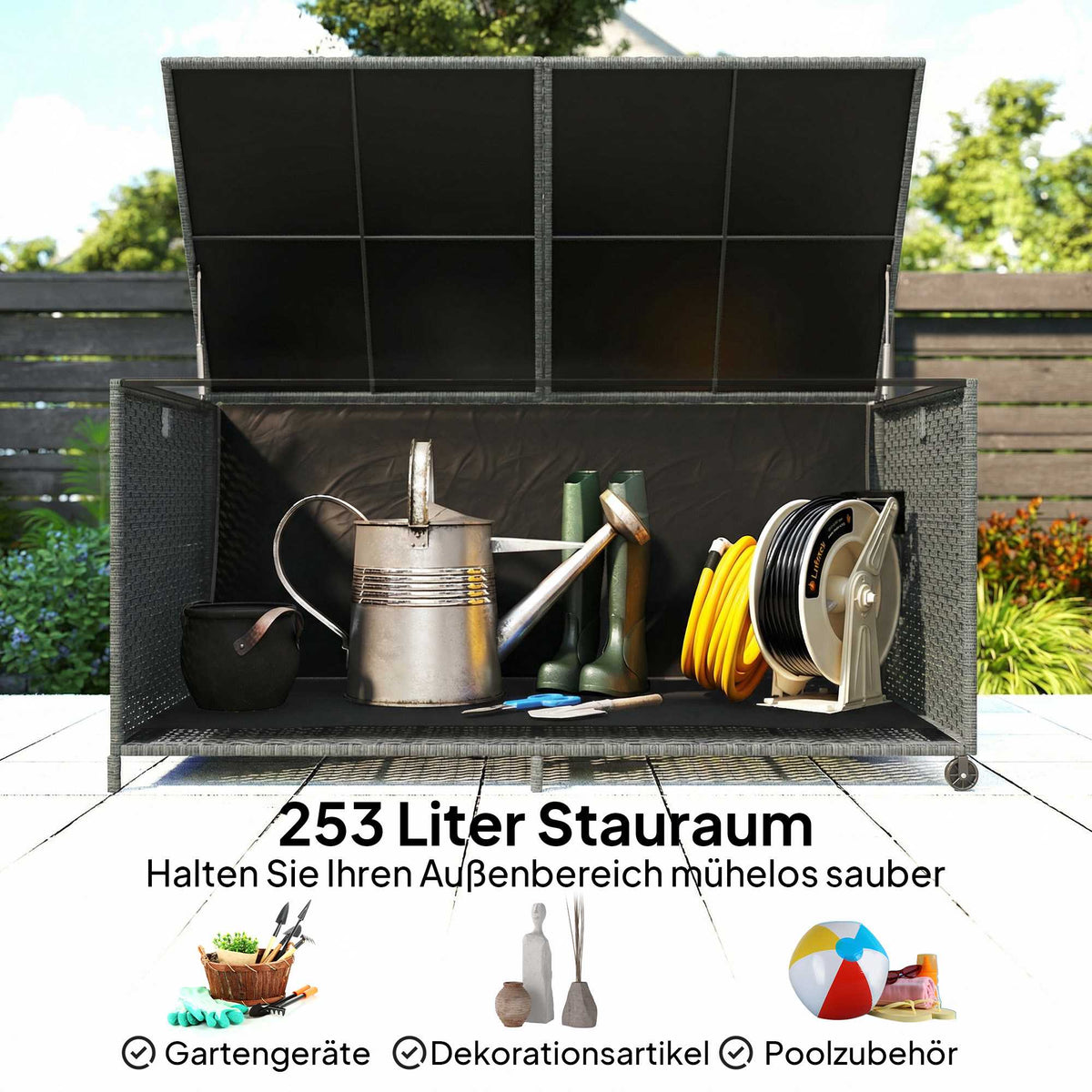 Rattan Storage Box 650L, Waterproof, UV-Resistant, Dark Grey