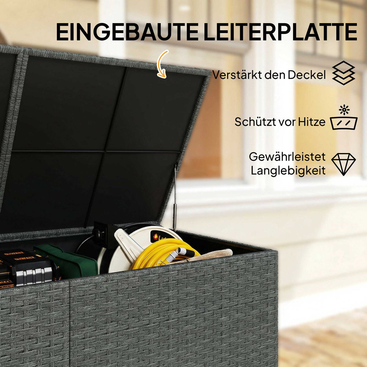 Rattan Storage Box 650L, Waterproof, UV-Resistant, Dark Grey