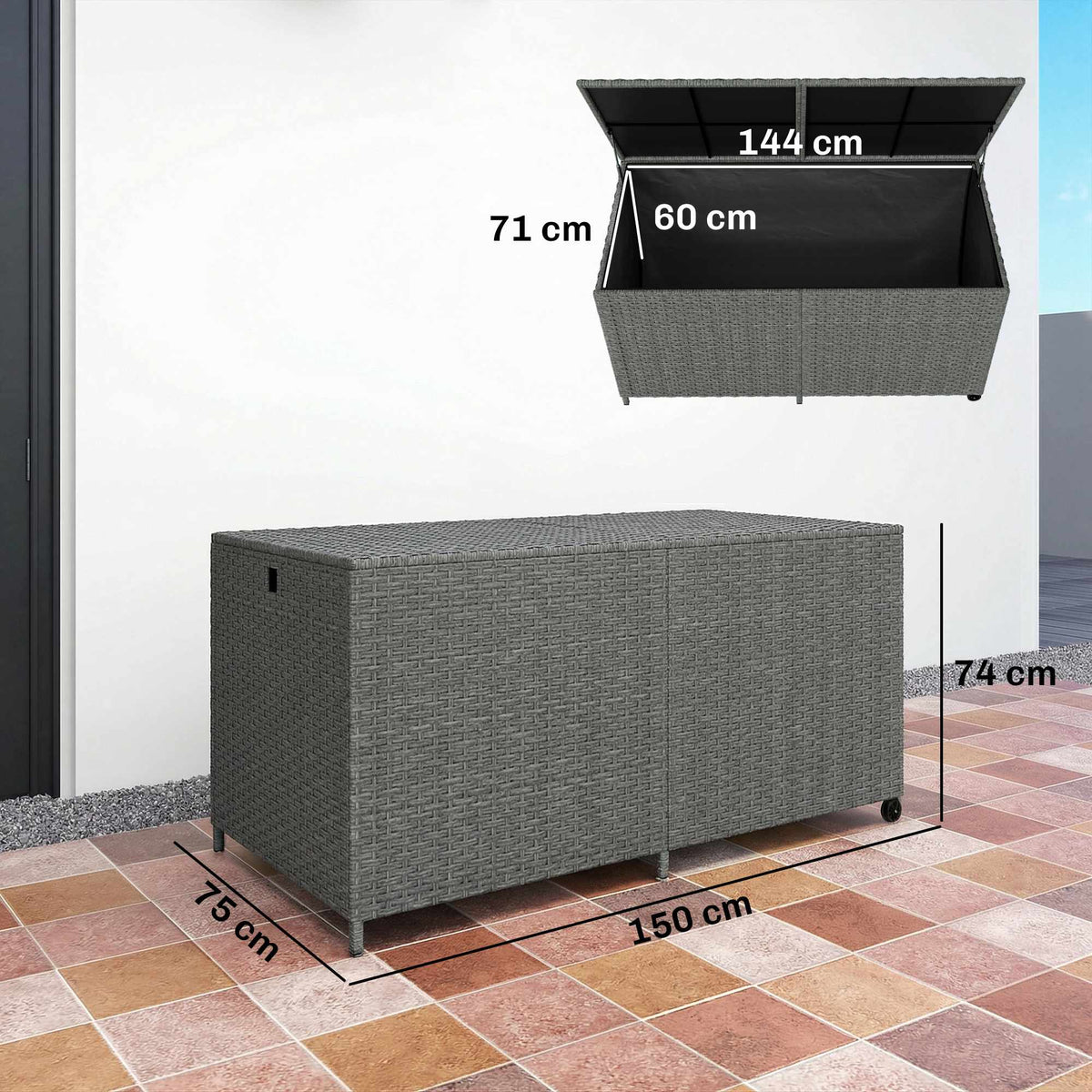 Rattan Storage Box 650L, Waterproof, UV-Resistant, Dark Grey