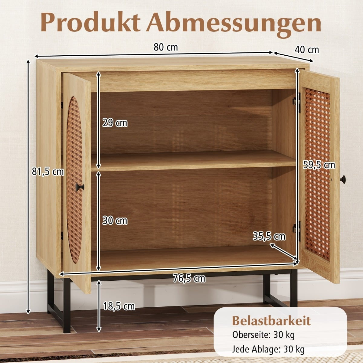 Rattan Storage Cabinet, Adjustable Shelves, Metal Legs