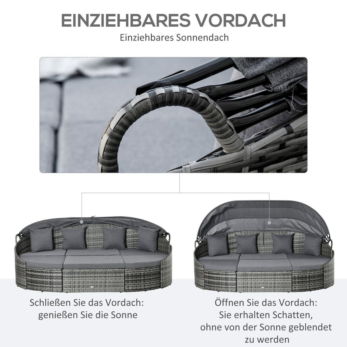 Rattan Sun Island 4-Part Lounger Island With Sun Canopy Seating Group 4 Cushions Metal Gray 230 X 145 X 80 Cm