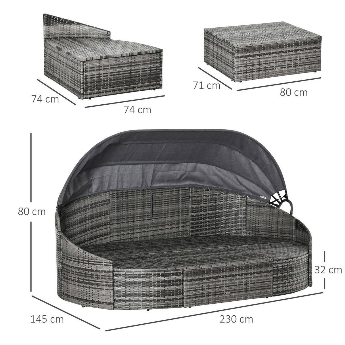 Rattan Sun Island 4-Part Lounger Island With Sun Canopy Seating Group 4 Cushions Metal Gray 230 X 145 X 80 Cm