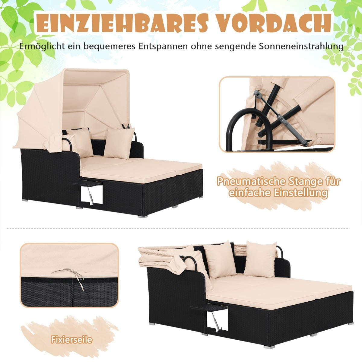 Rattan Sun Lounger for 2 with Canopy & Cushions