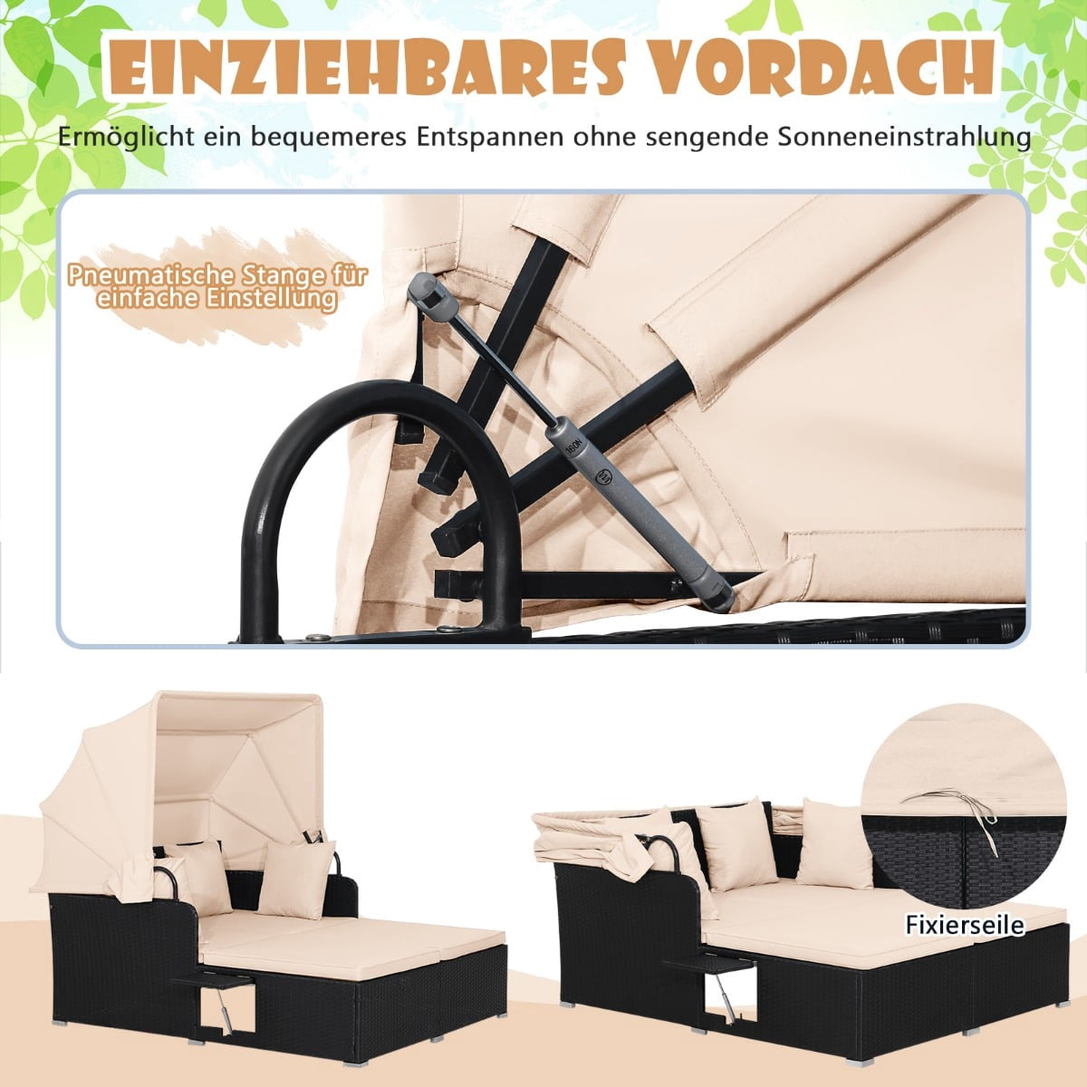 Rattan Sun Lounger for 2 with Canopy & Cushions
