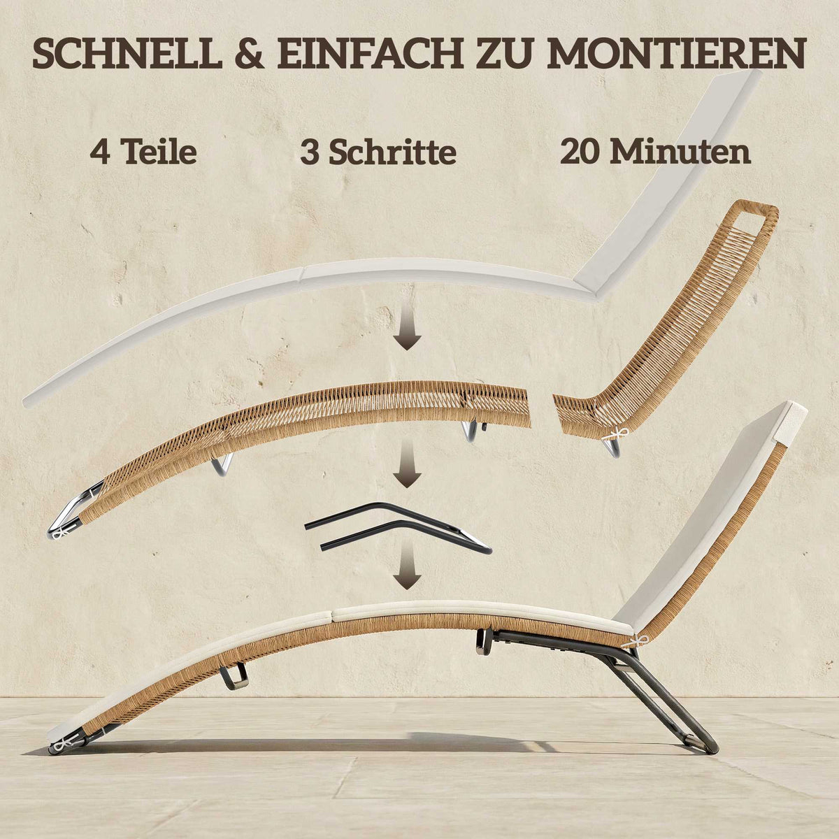 Rattan Sun Lounger with Cushion, Ergonomic S-Curve, 195 cm