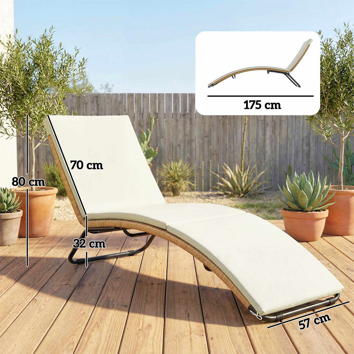 Rattan Sun Lounger with Cushion, Ergonomic S-Curve, 195 cm