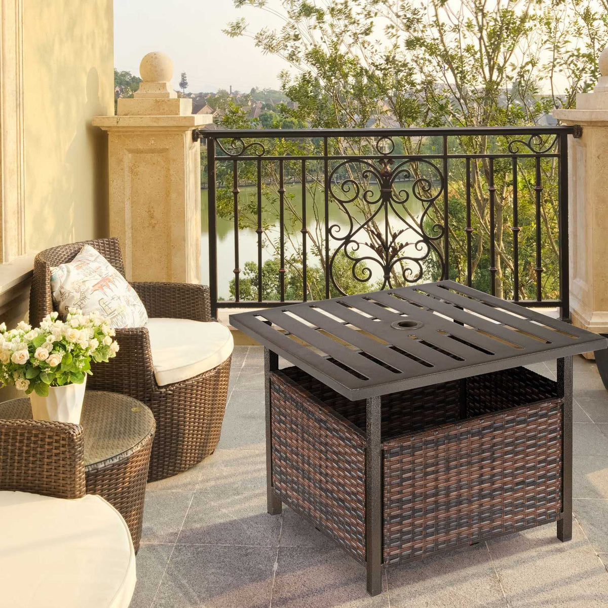 Rattan Table Garden Table Patio Table Coffee Table With Umbrella Hole Perfect For Garden Balcony Patio 55.5 X 55.5 X 46 Cm Brown