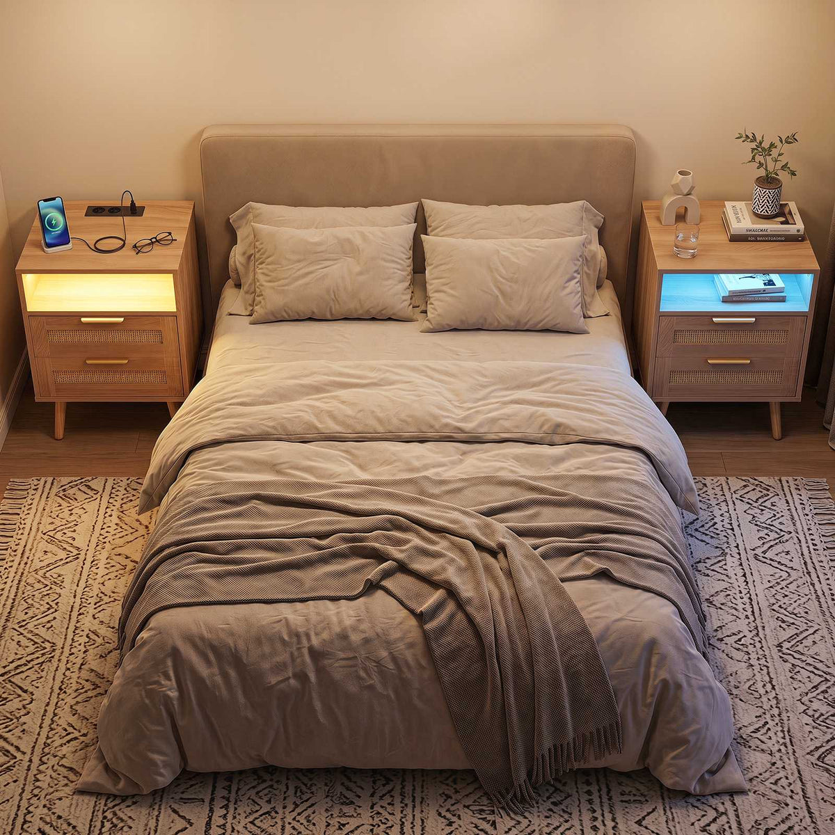 Rattan Wood Nightstand with LED, 2 Drawers, USB Ports
